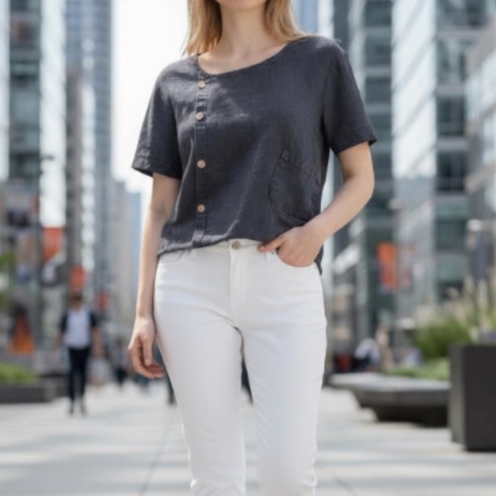 Italian asymmetrical Navy Button-Front Short Sleeve Top